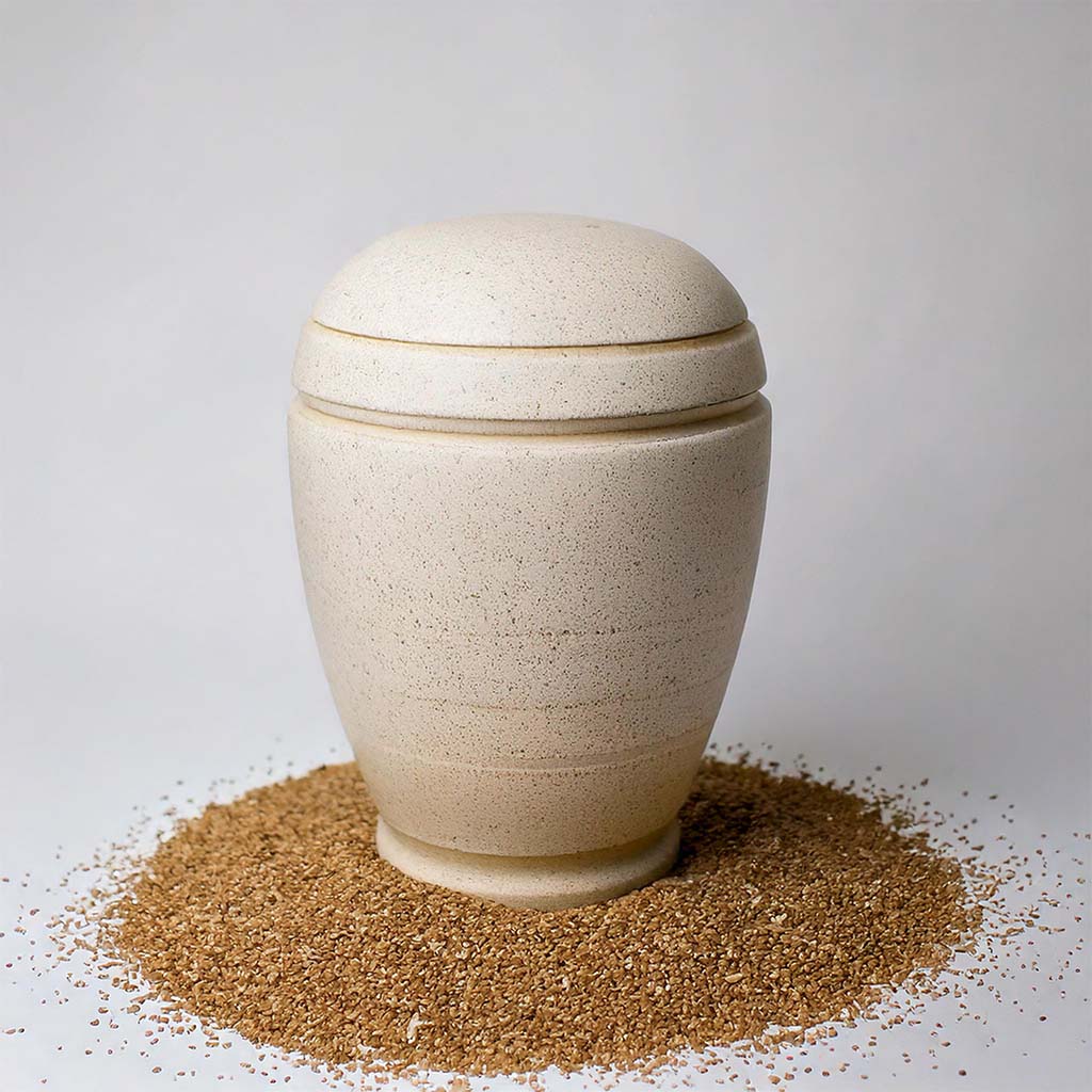 Umweltfreundliche, biologisch abbaubare Urne für eine Seebestattung, gefertigt aus sandfarbenem Material, stehend auf natürlichem Granulat vor einem neutralen Hintergrund.